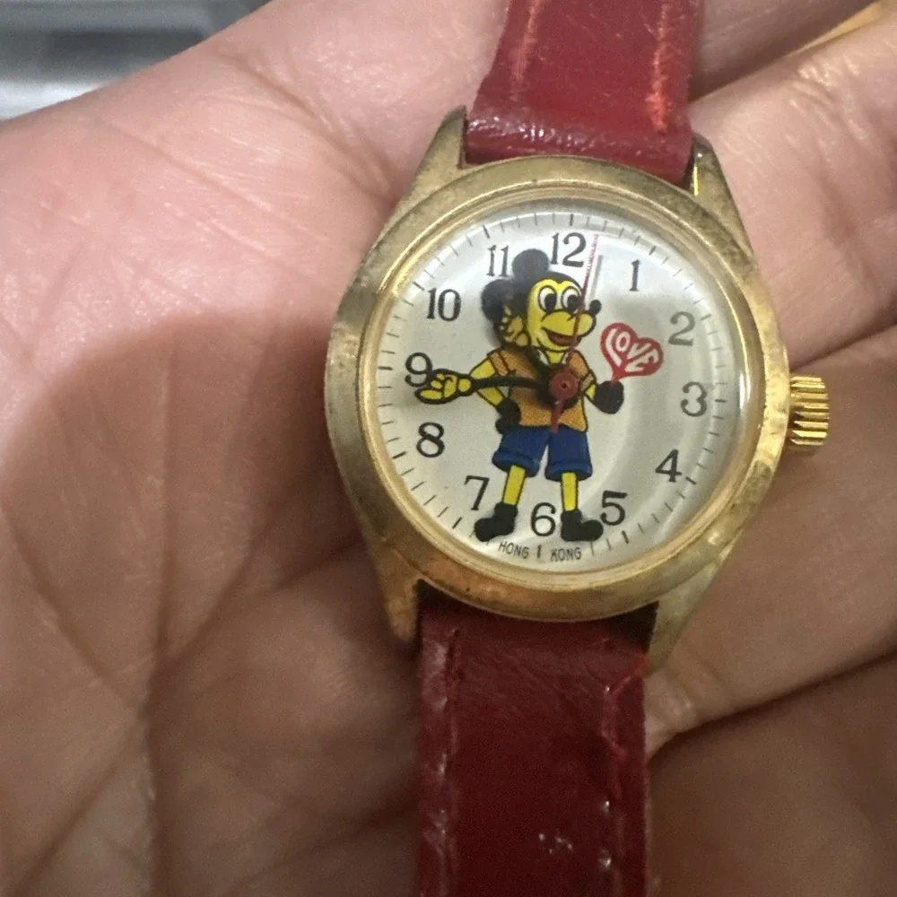 Working Vintage Mickey Mouse Manual Wind Gold Tone Ladies Watch Red 27mm Fit 6in